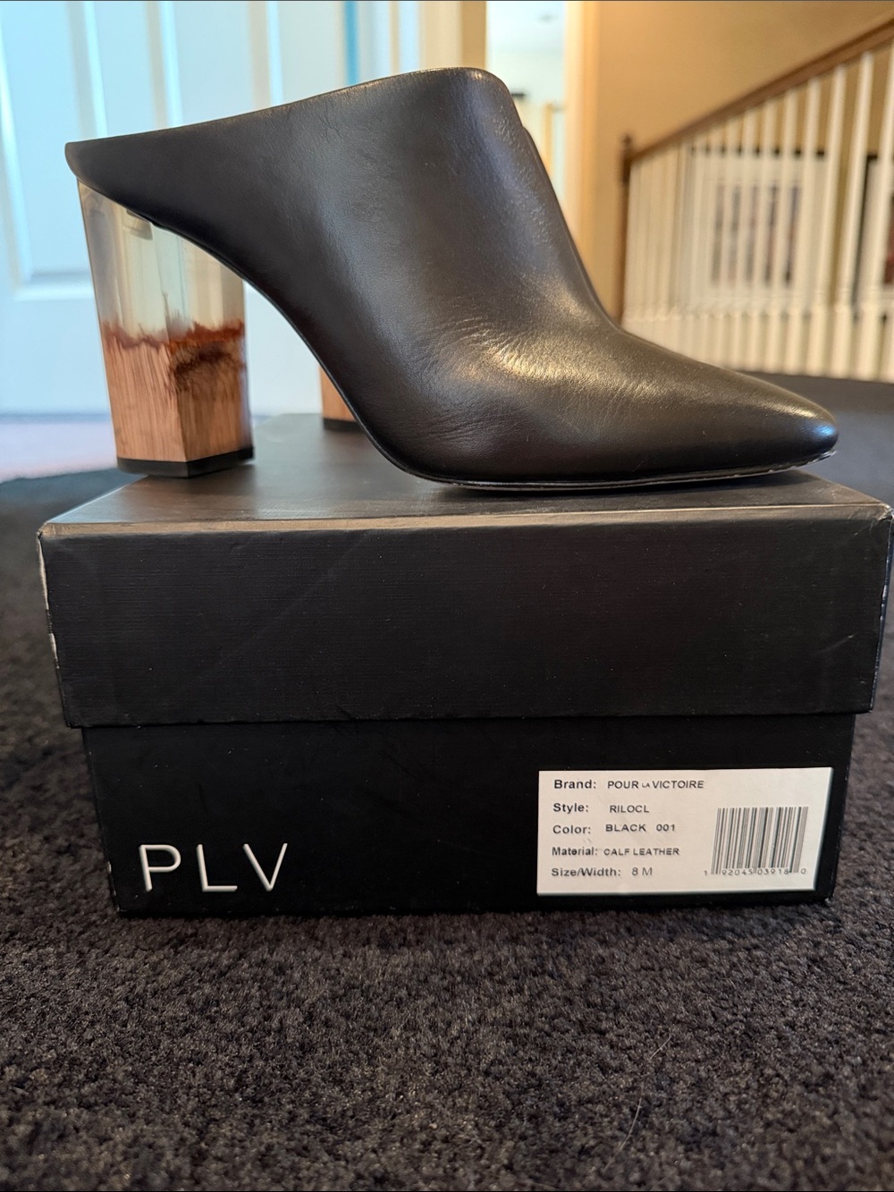 Pour La Victoire Black Leather Pointed Mule with Wood-Effect Block Heel